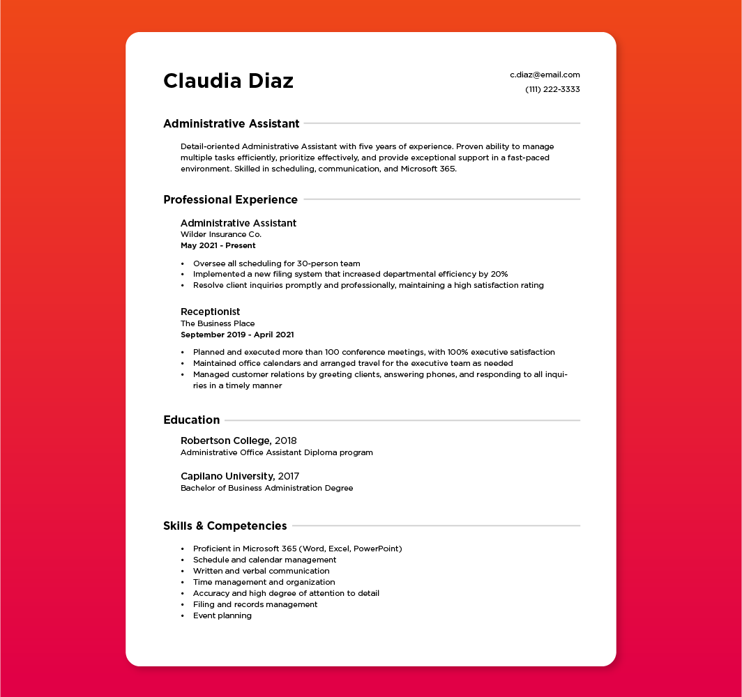 Example of an Administrative Assistant resume.