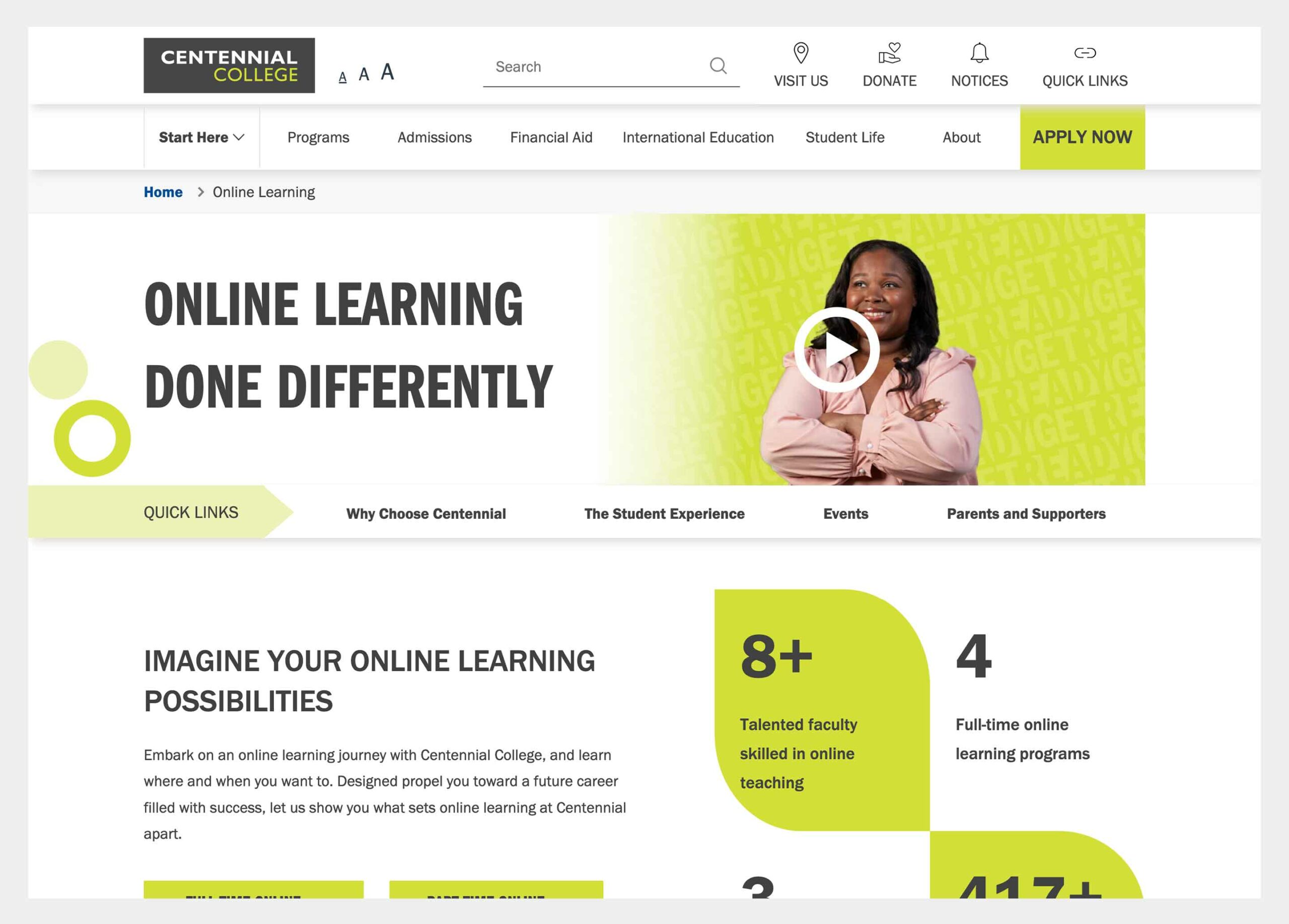 Screenshot of Centennial College Online.