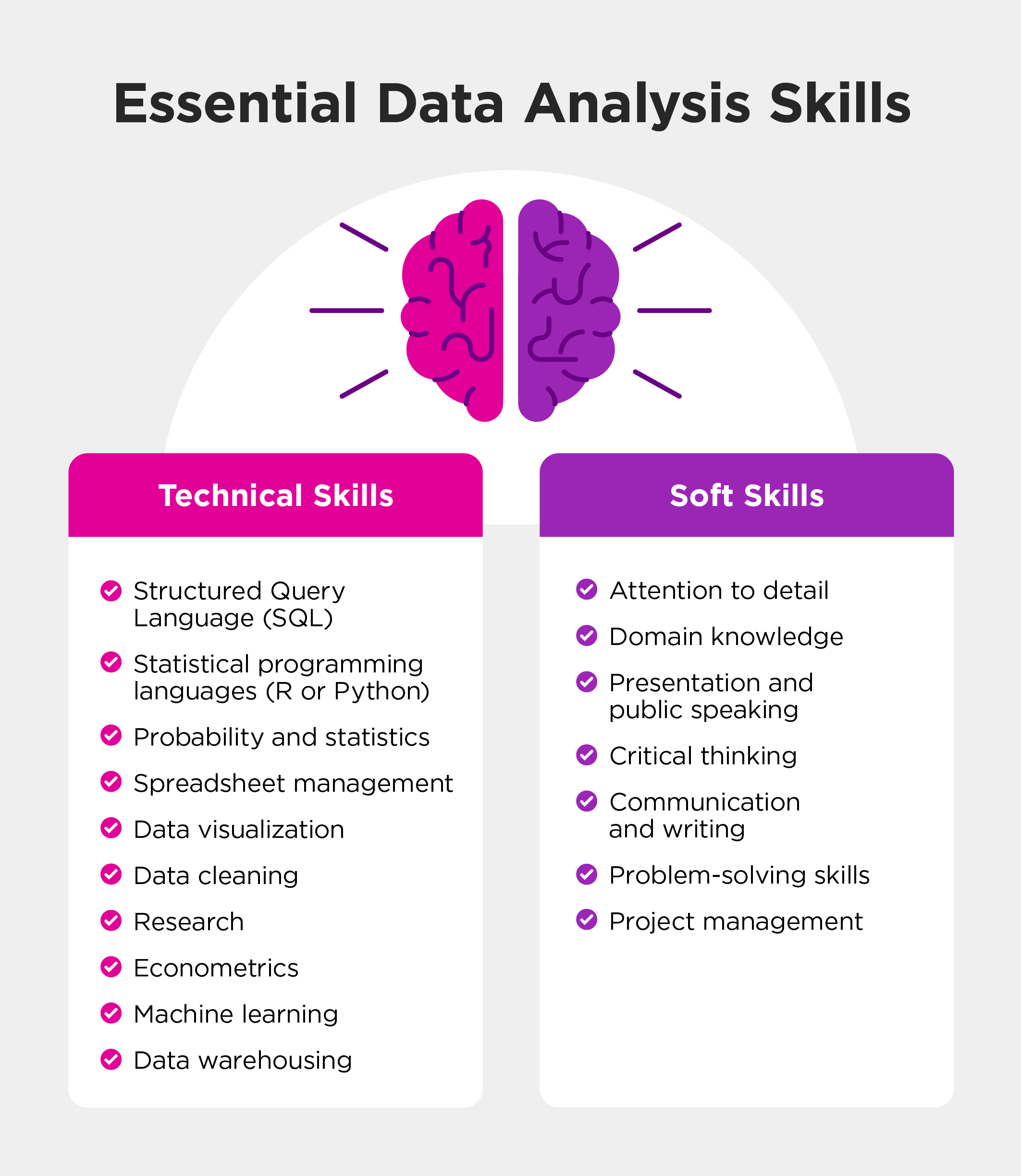 Image recaps technical and soft skills for data analysis.