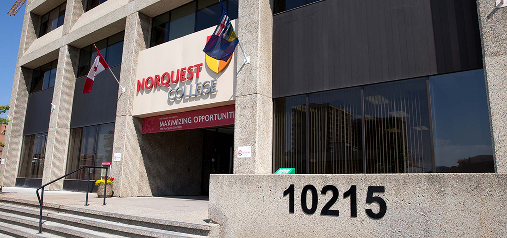 Entrance to one of NorQuest College’s Alberta campuses on a sunny day.
